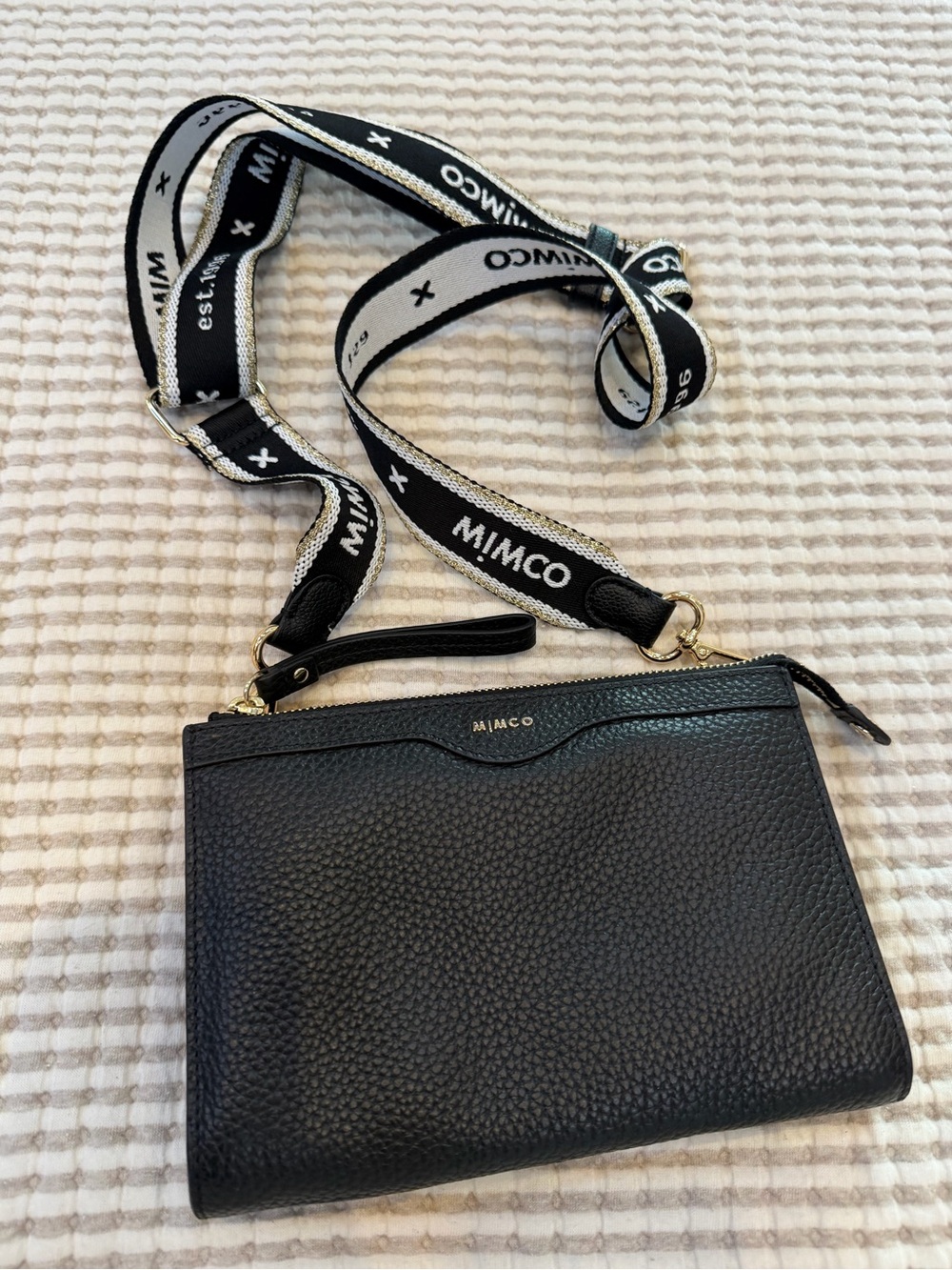 Mimco Black Pebbled Leather Crossbody with Branded Strap